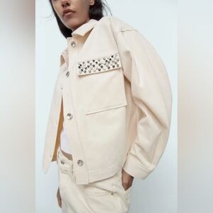 Zara Beaded/Jeweled Pocket - Women's Cream Cotton Jacket - Small
